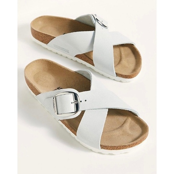 Birkenstock Siena Big Buckle Suede Leather Sandal Washed Metallic White 37